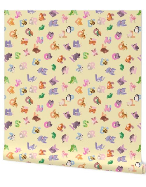 Whimsical Nursery Alphabet in Adorable Animals for Babies and Children 2 Inch on Butter Yellow Pastel Wallpaper