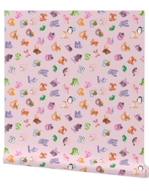 Whimsical Nursery Alphabet in Adorable Animals for Babies and Children 2 Inch on Baby Pink Pastel Wallpaper