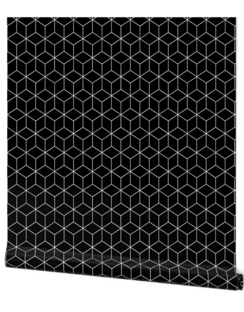 Large Black and Faux Metallic Silver Art Deco 3D Geometric Cubes Wallpaper
