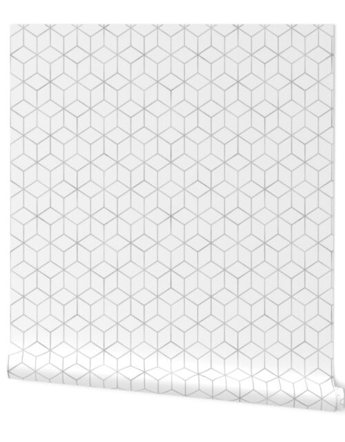 Large White  and Faux Metallic Silver Art Deco 3D Geometric Cubes Wallpaper