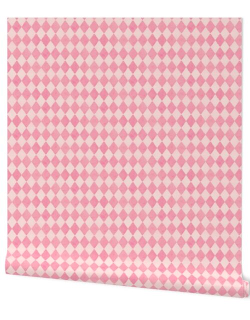 Shell Pink and White Large Watercolored  Diagonal Diamond Wallpaper