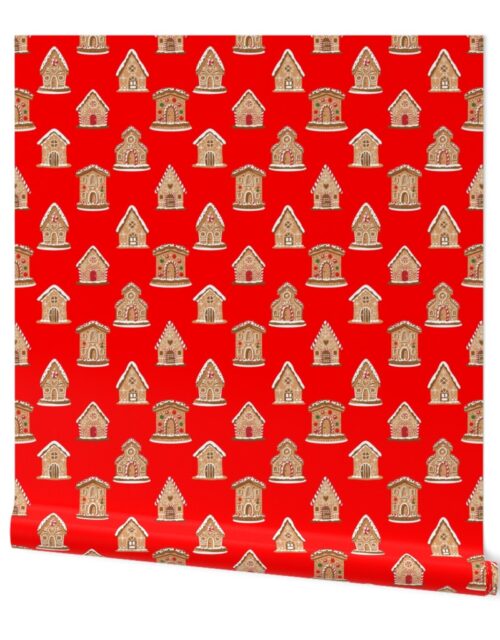 Christmas Gingerbread Candy Houses on Red Wallpaper