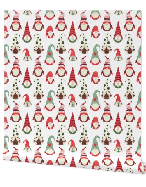 Christmas Gnomes in Holiday Green and Red Caps on White Wallpaper