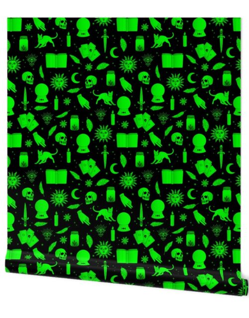 Small Bright Dayglo Green Halloween Motifs Skulls, Spells & Cats on Spooky Black Wallpaper