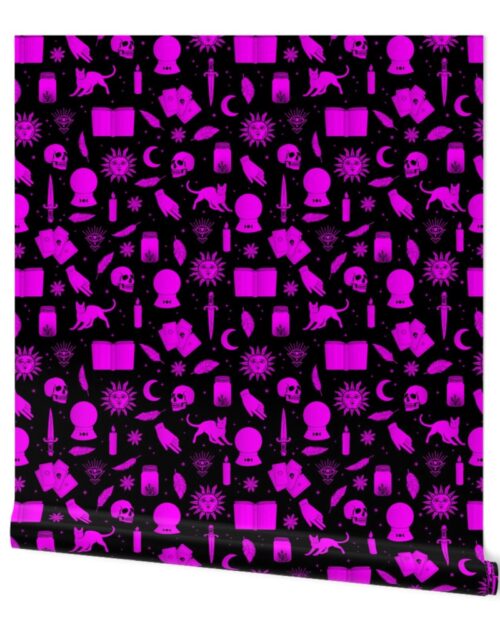 Small Bright Dayglo Pink Halloween Motifs Skulls, Spells & Cats on Spooky Black Wallpaper
