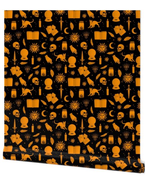 Small Bright Dayglo Orange Halloween Motifs Skulls, Spells & Cats on Spooky Black Wallpaper
