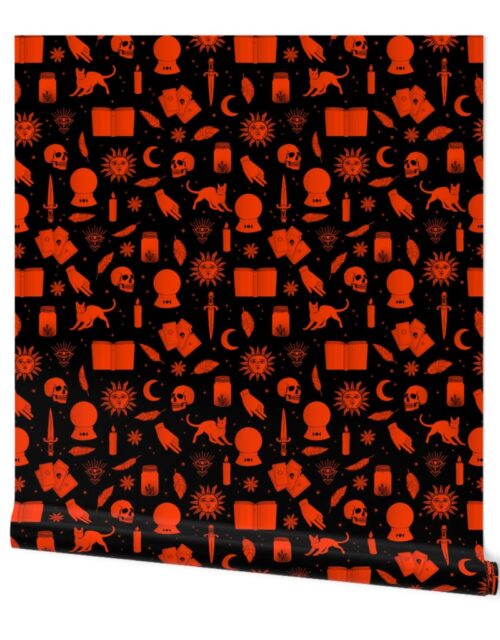 Small Bright Dayglo Red Halloween Motifs Skulls, Spells & Cats on Spooky Black Wallpaper