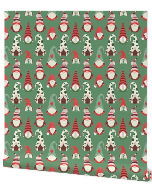 Christmas Gnomes in Holiday Green and Red Caps on Moss Green Wallpaper