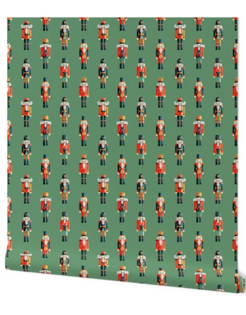Soldier and King Christmas Nutcrackers Parade on Moss Green Wallpaper