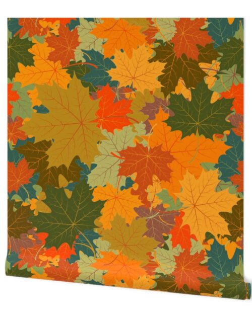 Jumbo Autumn Leaves Scattered in Gold, Red, Brown and Green Wallpaper