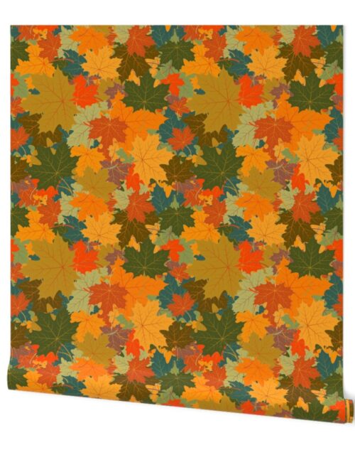 Smaller Autumn Leaves Scattered in Gold, Red, Brown and Green Wallpaper