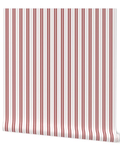 Wine Red and White Micro Vintage English Country Cottage Ticking Stripe Wallpaper