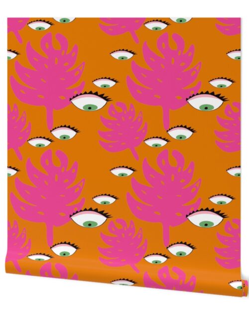 Evil Eye Tropical Orange Monstera Leaves Wallpaper