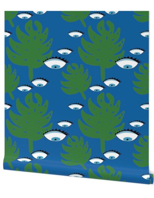 Evil Eye Tropical Blue Monstera Leaves Wallpaper
