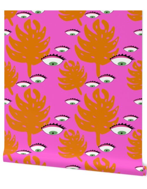 Evil Eye Tropical Pink Monstera Leaves Wallpaper