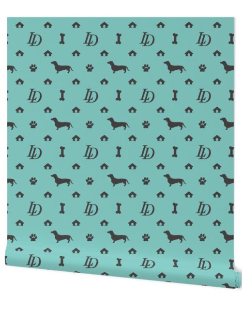 Louis Luxury Monogram Mini Dachsunds on Aqua Fabric with Black Wallpaper