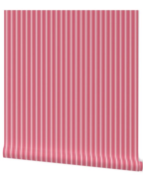 Vertical White Mattress Ticking Stripes on Nantucket Red Wallpaper