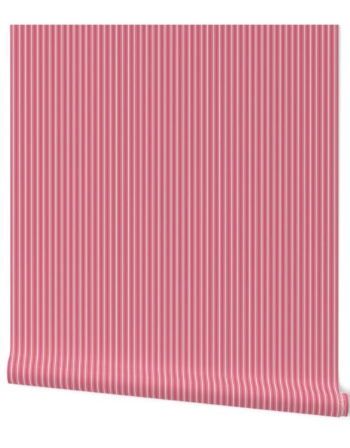 Small Vertical White Mattress Ticking Stripes on Nantucket Red Wallpaper