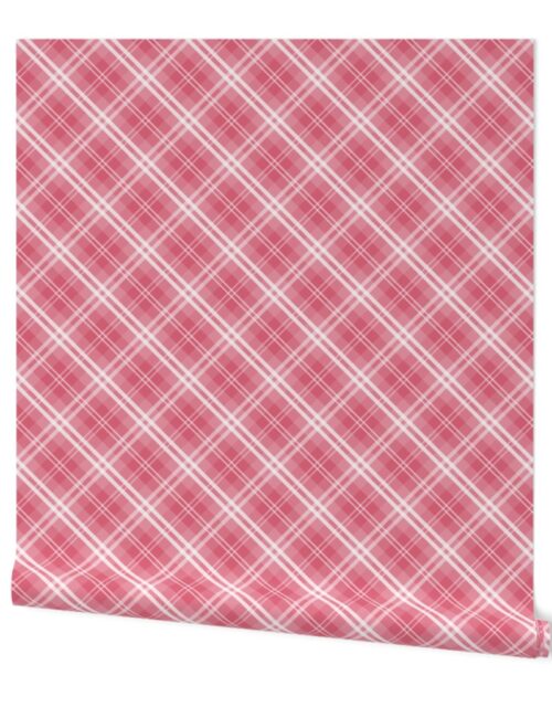 Large Nantucket Red and White Diagonal Tartan Plaid Check Wallpaper