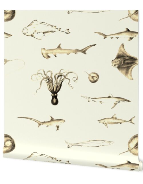Sharks, Rays, Cephalopods and Squid in Vintage Sepia on Parchment Cream Wallpaper