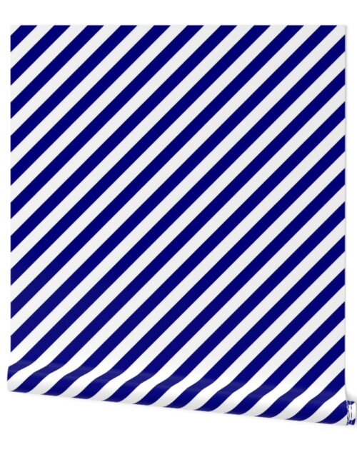 Blue and White 1-inch Diagonal Beach Hut Stripes Wallpaper
