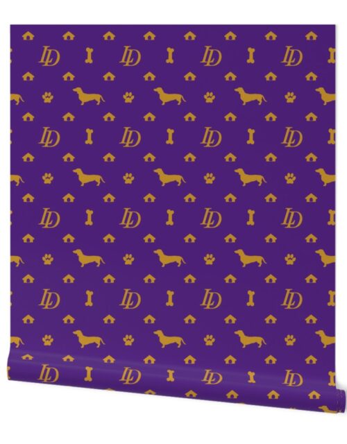 Louis Luxury Monogram Mini Dachsunds on WKC Purple and Gold Wallpaper