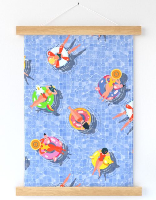 Blue Summer Pool Party with Ring Floats and Swimmers Wall Hanging
