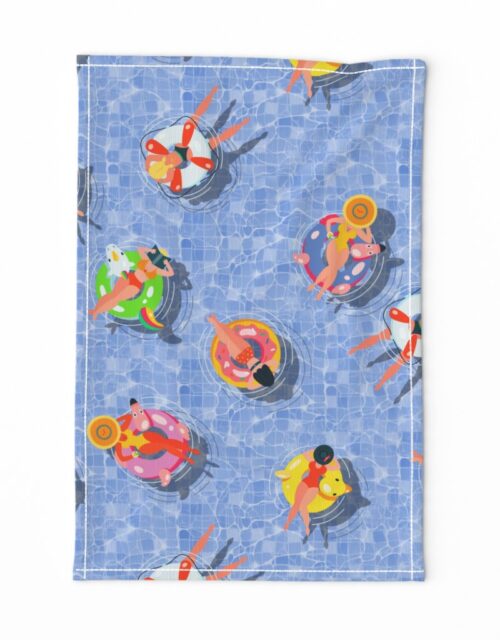 Blue Summer Pool Party with Ring Floats and Swimmers Tea Towel