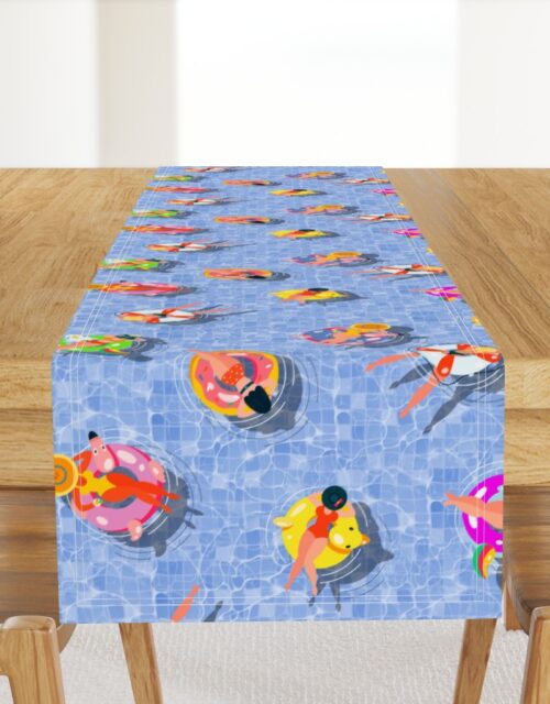 Blue Summer Pool Party with Ring Floats and Swimmers Table Runner
