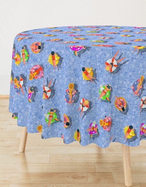 Blue Summer Pool Party with Ring Floats and Swimmers Round Tablecloth