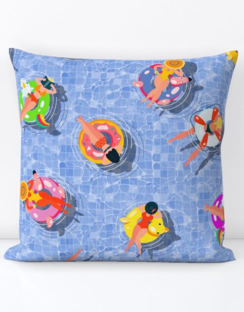 Blue Summer Pool Party with Ring Floats and Swimmers Square Throw Pillow