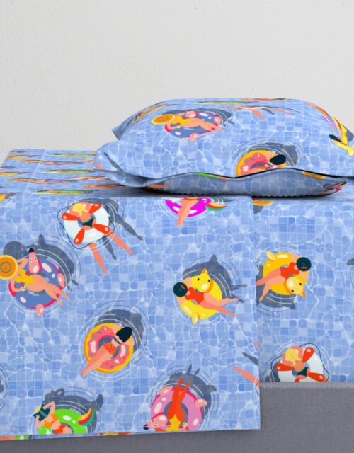 Blue Summer Pool Party with Ring Floats and Swimmers Sheet Set