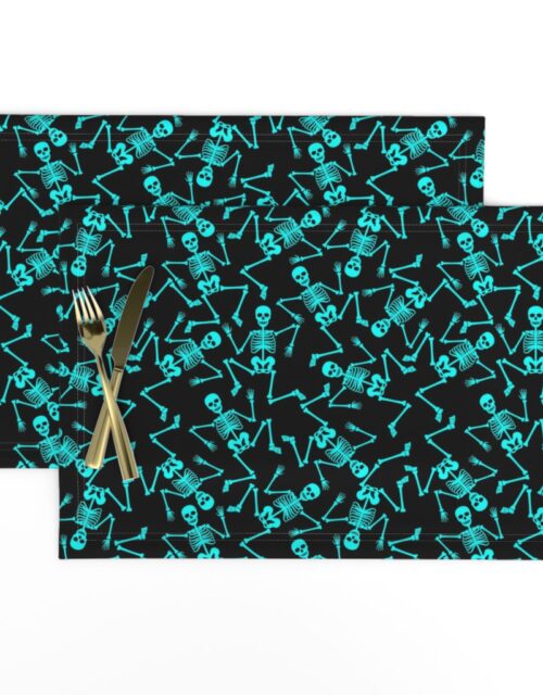 Small  Bright Aqua Dancing Halloween Skeletons Scattered On Black Placemats