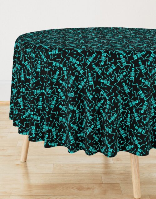Small  Bright Aqua Dancing Halloween Skeletons Scattered On Black Round Tablecloth