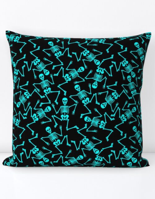Small  Bright Aqua Dancing Halloween Skeletons Scattered On Black Square Throw Pillow