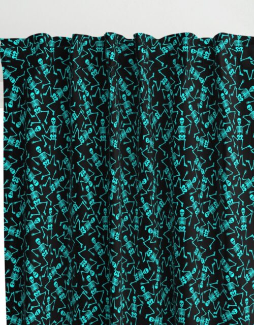 Small  Bright Aqua Dancing Halloween Skeletons Scattered On Black Curtains