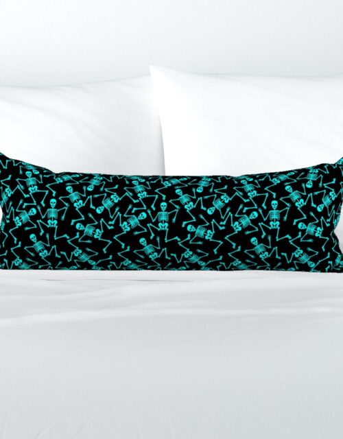 Small  Bright Aqua Dancing Halloween Skeletons Scattered On Black Extra Long Lumbar Pillow
