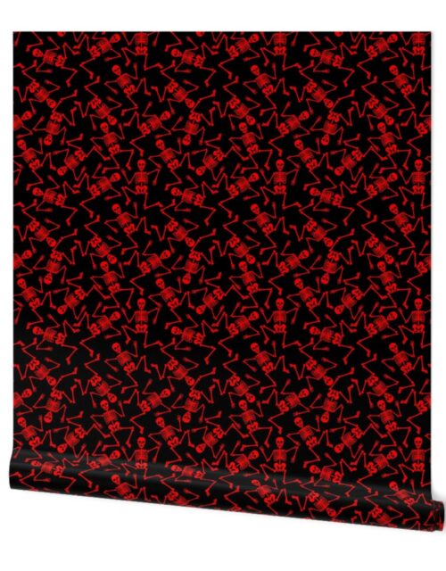 Small Bright Red Dancing Halloween Skeletons Scattered On Black Wallpaper