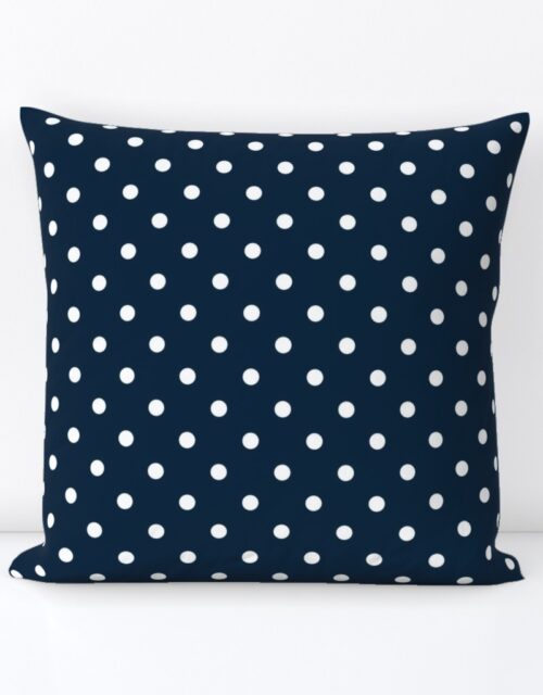1/2 inch Classic White Polkadots on Navy Blue Square Throw Pillow