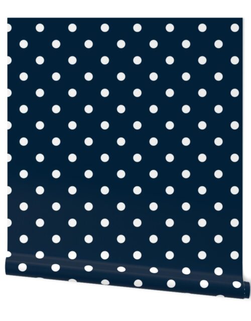 1 inch Classic Navy Blue Polkadots on White Wallpaper