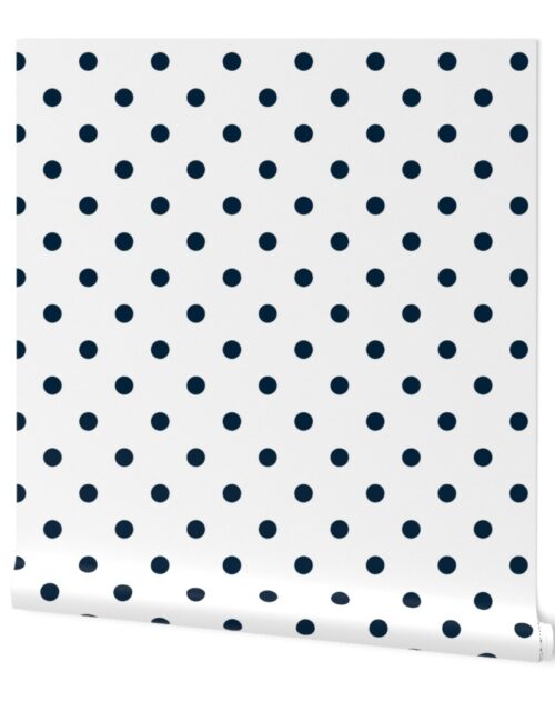 1 inch Classic Navy Blue Polkadots on White Wallpaper