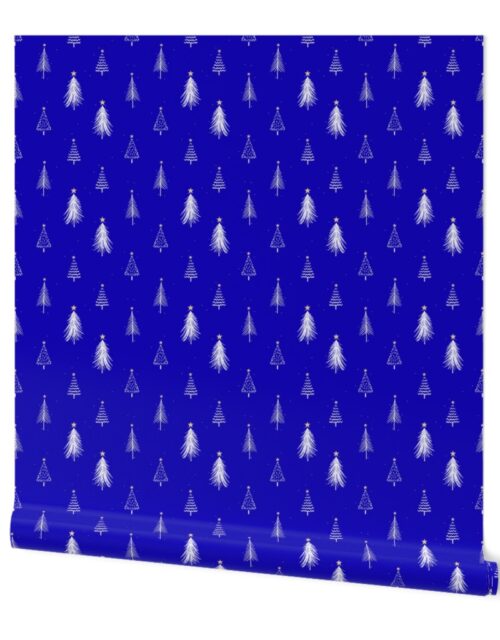Festive Sketches of White Christmas Trees with Snow and Gold Stars on Royal Blue Wallpaper