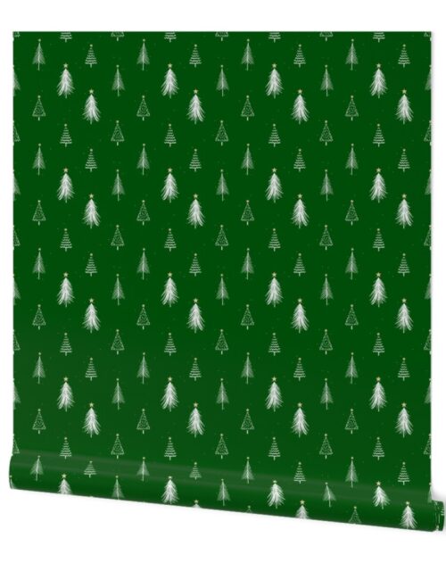 Festive Sketches of White Christmas Trees with Snow and Gold Stars on  Forest Green Wallpaper