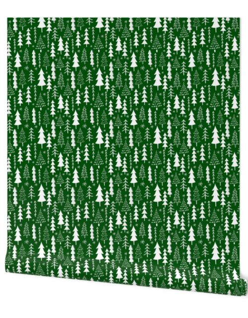 Festive Doodles of White Christmas Trees with Snow  on Forest Green Wallpaper