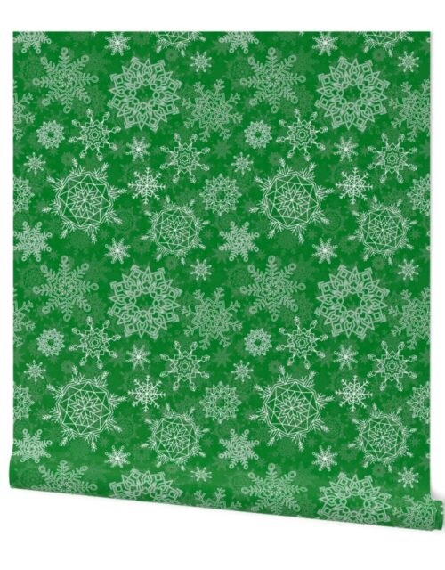 Festive White Christmas Holiday Snowflakes on Tree Green Wallpaper