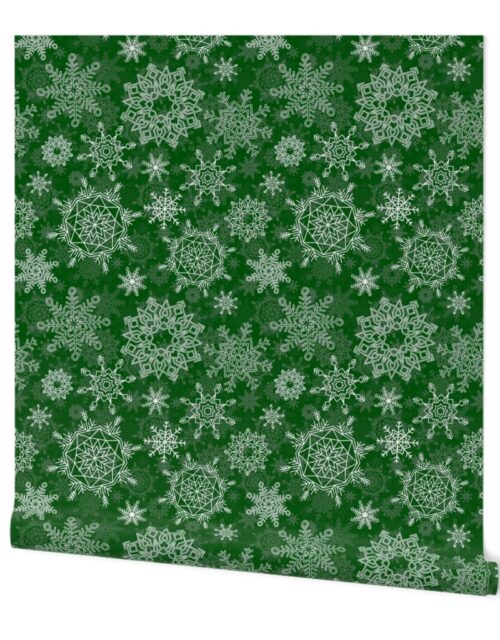 Festive White Christmas Holiday Snowflakes on Forest Green Wallpaper