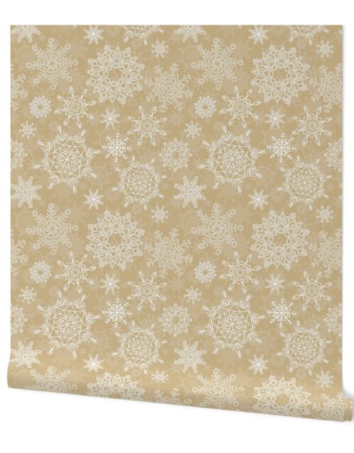 Festive White Christmas Holiday Snowflakes on Antique Gold Wallpaper