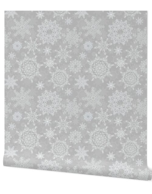 Festive White Christmas Holiday Snowflakes on Antique Silver Wallpaper