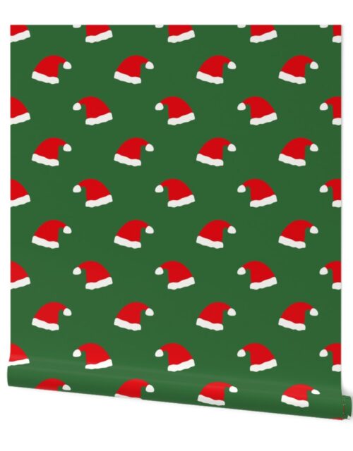 Jolly Old Saint Nick Red Santa Christmas Hats on  Tree Green Wallpaper