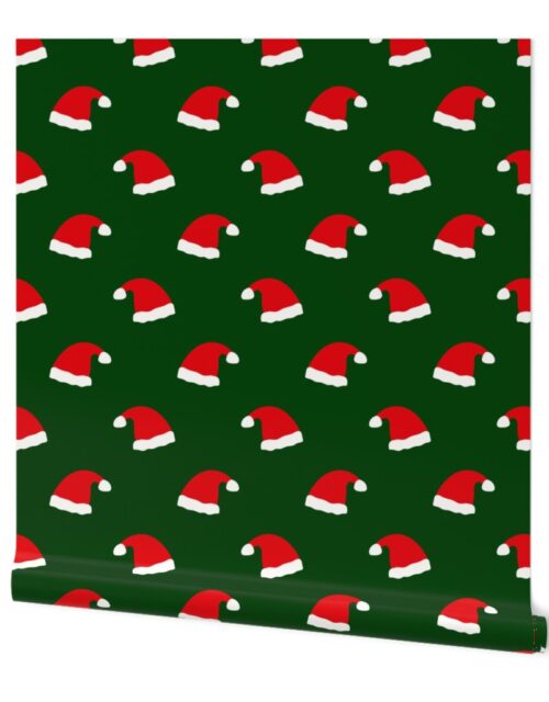 Jolly Old Saint Nick Red Santa Christmas Hats on Forest Green Wallpaper